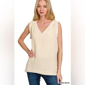 Zenana Sand Beige Double Gauze Raw Edge Acid Washed Tank Top